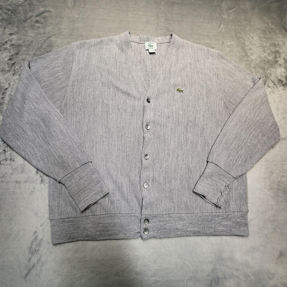 Vintage Izod Lacoste Sweater Mens XL Gray‎ Cardigan V Neck Made in USA Orlon 80s